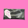 Glitter infused black vinyl bag with a white 'Ghostface' applique with pink confetti weed leaves for the eyes, nose, and mouth. Clutch is featured on a bright pink background. 