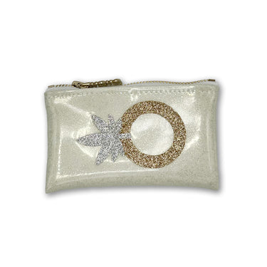 cannabis themed glitter vinyl wedding clutch with white background