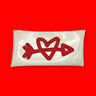 red and white heart and arrow glitter vinyl clutch on red background