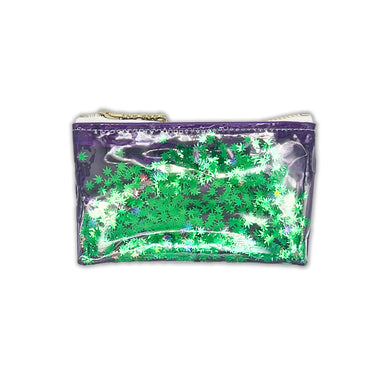 clear purple vinyl bag filled with 420 friendly confetti keychain clutch cosmetic clutch by julie mollo and kush kards green confetti and green background