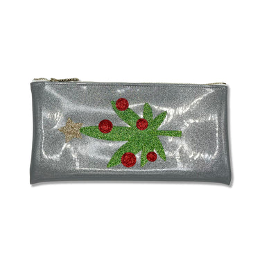 Silver glitter infused vinyl clutch with a cute and sparkly cannabis leaf as a Christmas tree, adorned with red ornaments and a gold star on top. Clutch is featured on a white background.