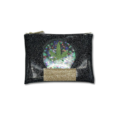 Black glitter vinyl midi clutch with cannabis leaf in a snow globe with cannabis leaf glitter as snow.  Clutch featured on a white background. 