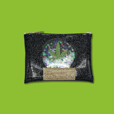 Black glitter vinyl midi clutch with cannabis leaf in a snow globe with cannabis leaf glitter as snow.  